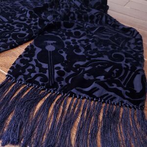 ZazouLuxe Silk Blend Scarf 58X10 Blue Sheer Velvet Flocked Music Fringe Boho